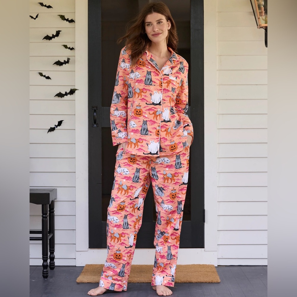 Printfresh Long PJ Set in Halloween House Cats
